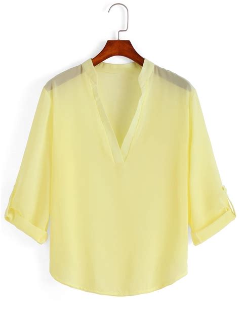 Yellow V Neck Loose Chiffon Blouse Shein Sheinside