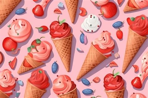 Premium Ai Image Isometric Flat Lay Of Pink Strawberry Ice Cream Pattern