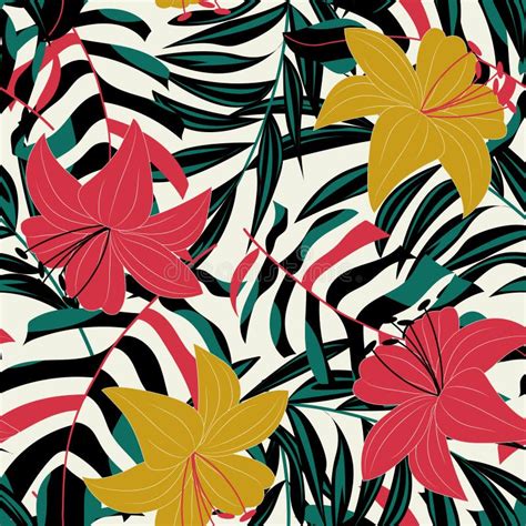 Trend Abstract Seamless Pattern With Colorful Tropical Leaves And