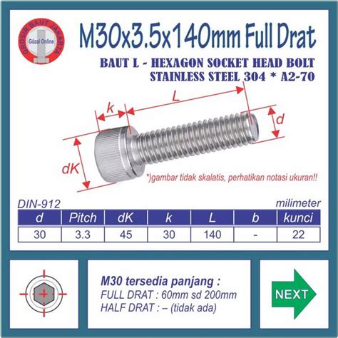 Jual Baut L Ss M X Mm Full Drat Kunci L Mm Stainless Sus