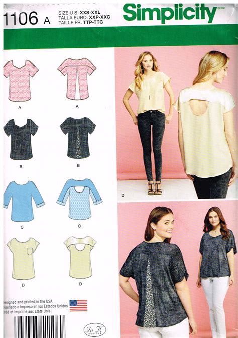 Simplicity 1106 Misses Tops Size Xxs Xxl In K Designs Free Shipping Blouse Pattern