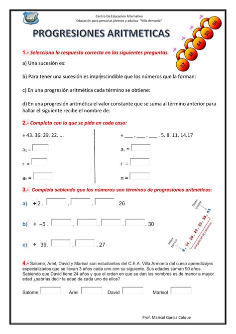 Ejercicios de Progresiones Aritméticas Practica Aritmética y