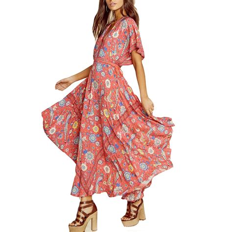 Floral Print Boho Maxi Dress Summer Gown Tassels Lace Tied Up V Neck