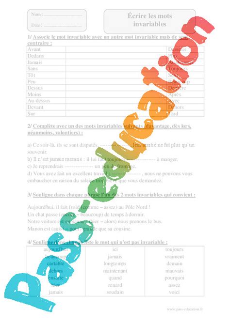 Mots invariables Exercices corrigés Orthographe 5eme Primaire