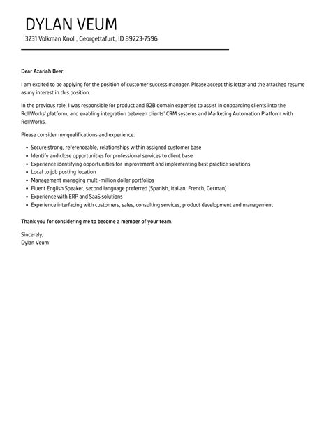 Customer Success Manager Cover Letter Velvet Jobs