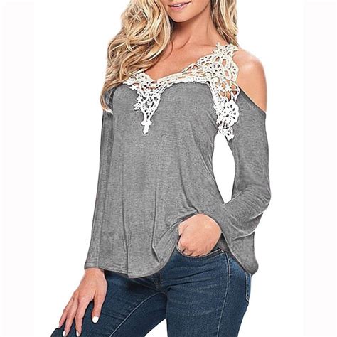 Sexy V Neck Long Sleeves Lace Patchwork Off Shoulder Blouse May Your