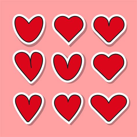 Set Of Red Hearts Stickers Different Romantic Vector Heart Icons For