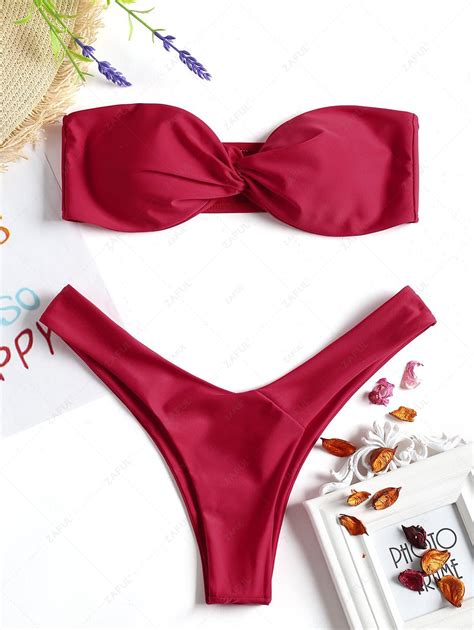 Off Twist Front Bandeau Thong Bikini In Red Zaful