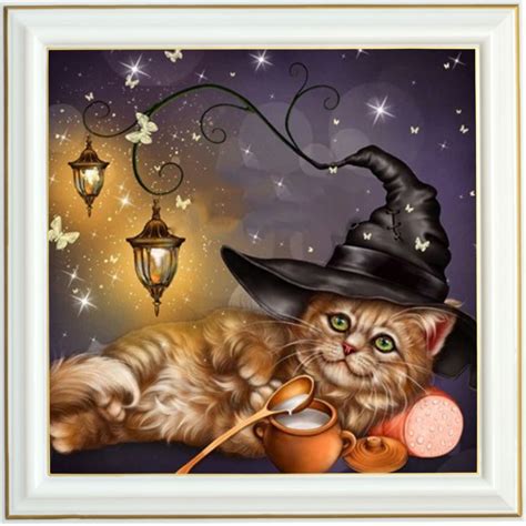 Broderie Diamant Chat Sorcier 40 X 40 Cm Animaux Lartera