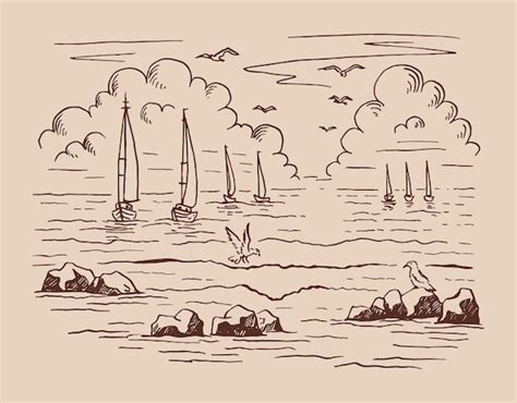 Premium Vector Seascape Landscape Sea Sailboat Rocks Seagulls Hand