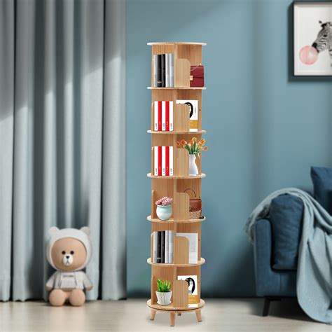 Rotating Bookshelf Wood Bookcase Storage Shelf Freestanding