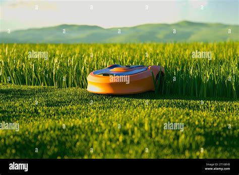 A Lawn Robot In The Middle Of The Grass Yard Robotic Lawnmower