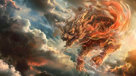 Mythical Golden Dragon Soaring Through Clouds Premium Ai Generated Image