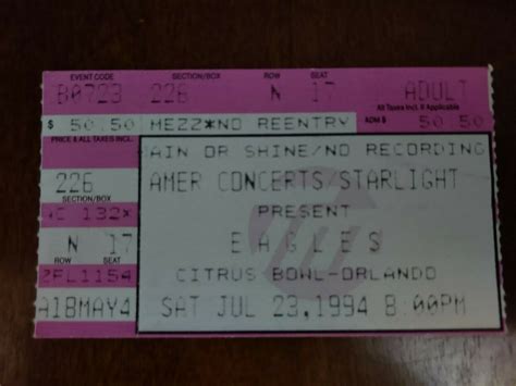 Original EAGLES Memorabilia Ticket Hell Freezes Over Tour Orlando 1994