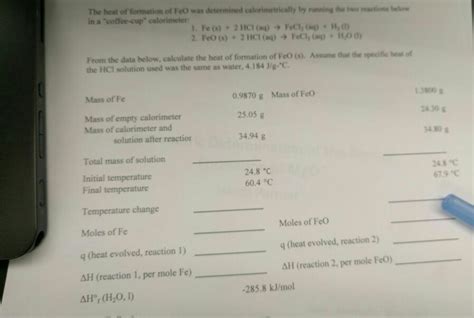 Solved The Heat Of Formation Of Feo Was Determined