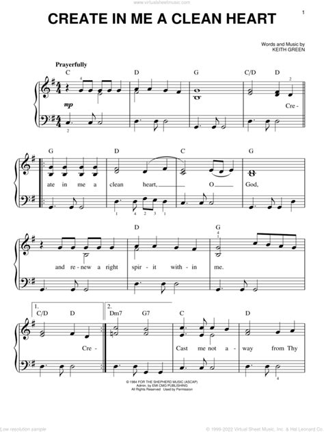 Green Create In Me A Clean Heart Sheet Music Easy For Piano Solo