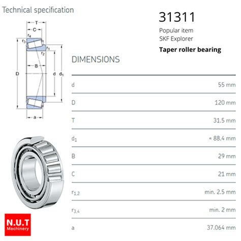 SKF 31311 ตลับลูกปืนเตเปอร์ Taper Roller Bearing - NUT Machinery