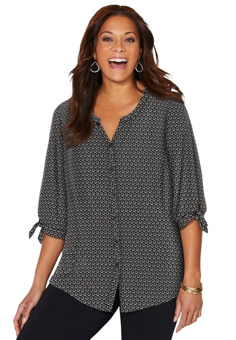 Plus Size Womens Georgette Buttonfront Tie Sleeve Cafe Blouse By