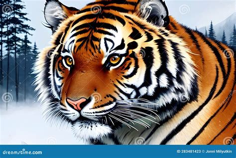 Realistic Tiger Head Hand Draw And Paint Color With Clipping Path On