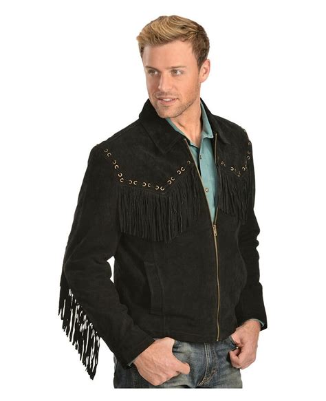 Men Black Suede Leather Jacket Fringed Western Cowboy Style