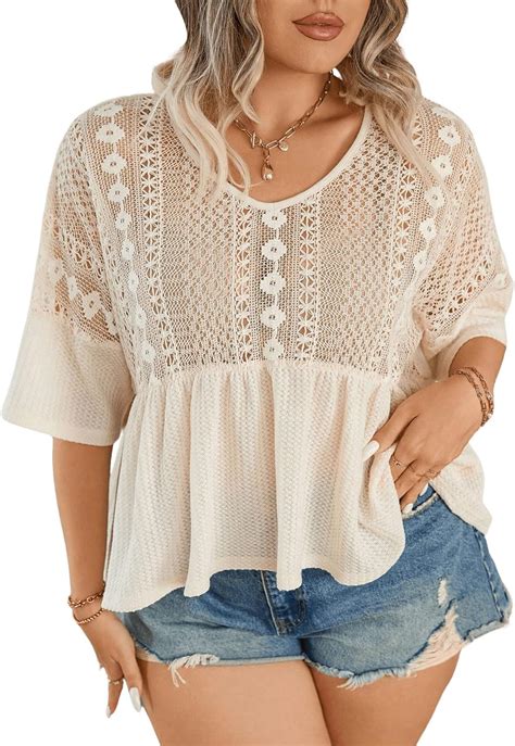 Soly Hux Women S Plus Size V Neck Contrast Lace Half Sleeve Ruffle Hem