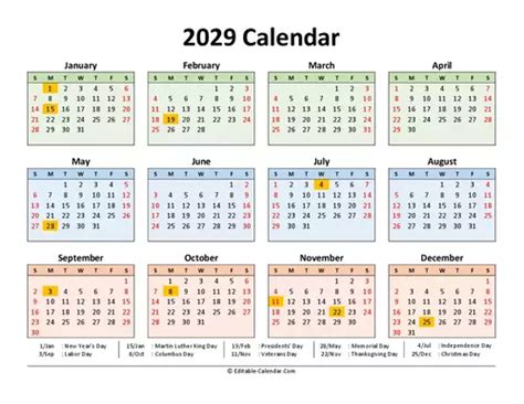 Download 2029 Calendar Printable With Us Holidays, weeks start on Sunday