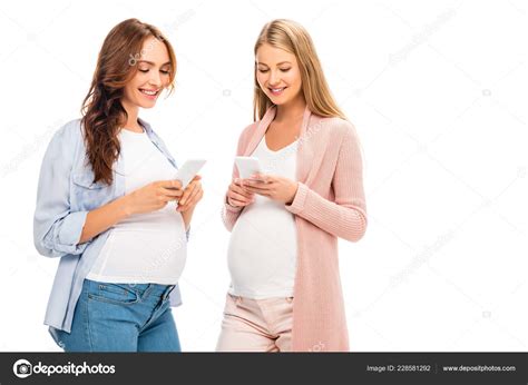 Beautiful Smiling Pregnant Women Texting Smartphones Isolated White