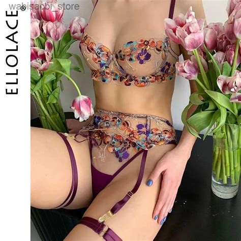 Ellolace Intimate Lingerie Set With Transparent Pig Lace Floral Bra And