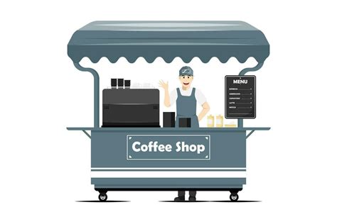 Cartoon Coffee Shop Cart With Male Salesperson On Isolated Background