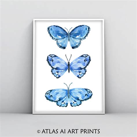 Butterfly Printable Wall Art Butterfly Print 3 Butterflies Watercolor Prints Navy Blue Wall