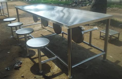 Stainless Steel Seater Ss Canteen Dining Table With Folding Stool At