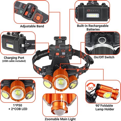 Linterna frontal recargable naranja 10000 lúmenes LED súper brillante