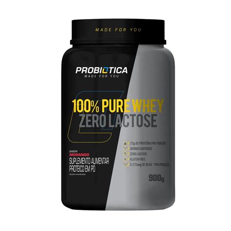 100 Pure Whey Zero Lactose Sabor Morango Pote 900g Probiotica