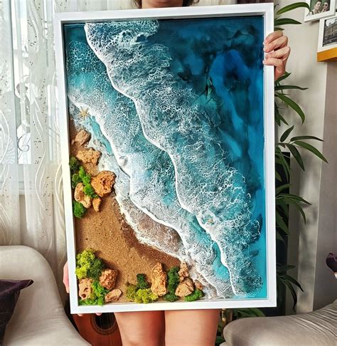 Large Ocean Wave Resin Framed Wall Art Seaside Decor Epoxy Painting