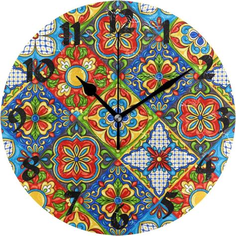 Hyjoy In Mexican Ceramic Tile Pattern Round Wall Clock Silent Non