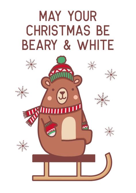 Cute Bear Christmas Card Kawaii Bear On Sled With Snowflakes Beary