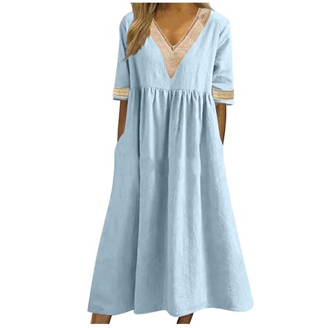 Cflvaek Summer Gauze Cotton Linen Dresses For Women With Pocket Plus