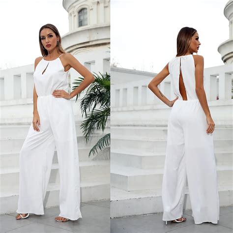 Jumpsuits For Women White O Neck Back Hollow Sleeveless Wide Leg Pants