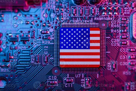 US flag on Computer Chips for Chip War Concept. USA Global chipmakers