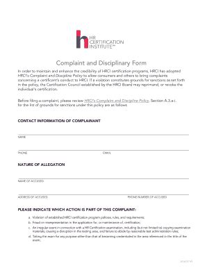 Fillable Online Hrci Complaint And Disciplinary Form Hrci Org Fax