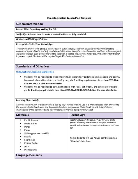 Direct Instruction Lesson Plan Template Direct Instruction Lesson