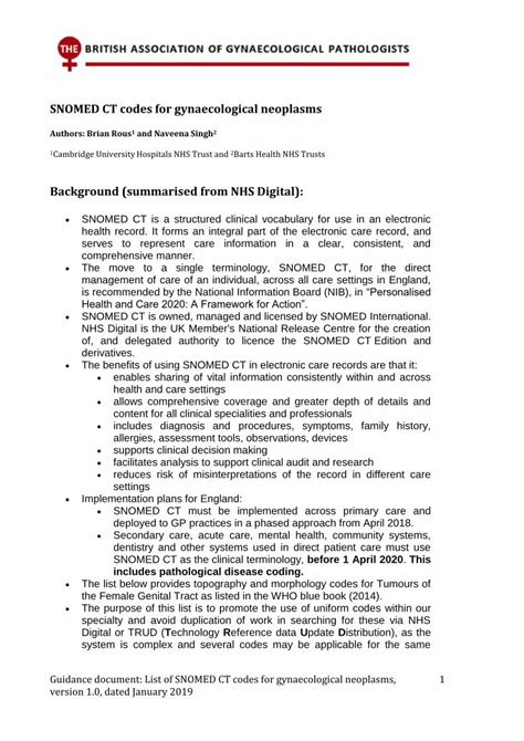 PDF SNOMED CT Codes For Gynaecological Neoplasms SNOMED CT Must