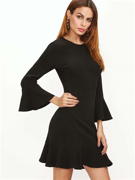 Black Bell Sleeve Ruffle Hem Dress SheIn Sheinside