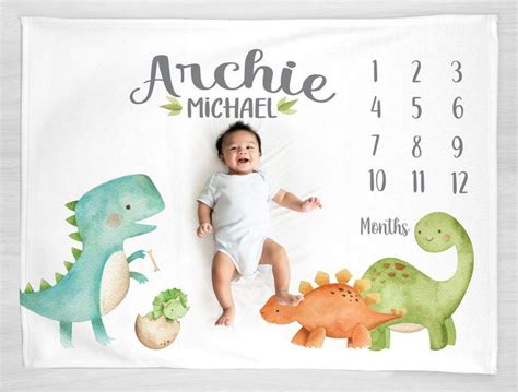 This Cozy Dinosaur Personalized Baby Milestone Blanket Helps Track Your