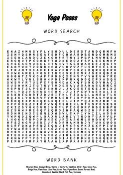 Yoga Poses Word Hunt Challenge Worksheet Activity By PixelProse Haven