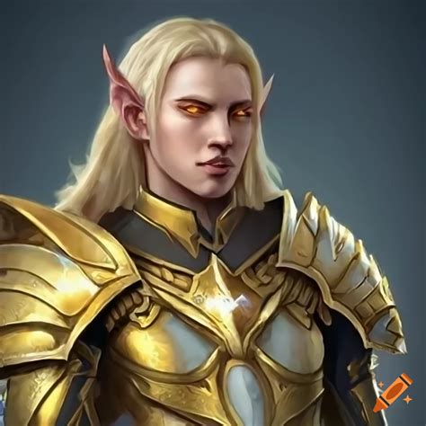 Male Sun Paladin Elf Long Blond Hair With Orange Eyes In Gold Armor