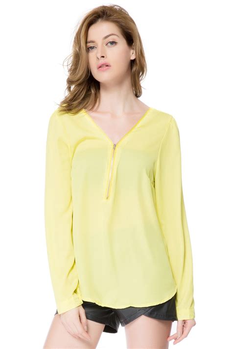 Yellow M Stylish V Neck Long Sleeve Zipper Design Chiffon Solid Color Womens Blouse