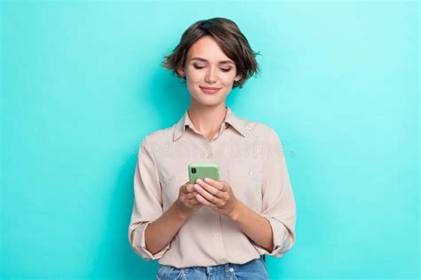 Portrait Of Positive Girl With Bob Hairdo Wear Beige Shirt Instagram