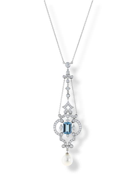 Aquamarine Diamond And Pearl Platinum Necklace Charles Schwartz And Son