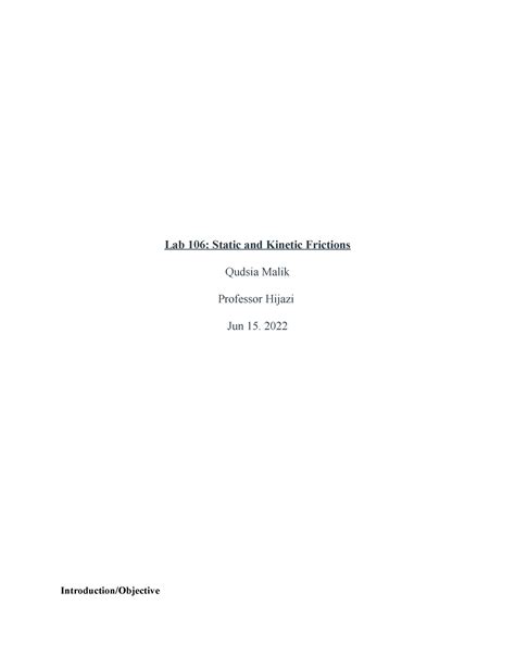 Lab 106 Static And Kinetic Frictions Lab 106 Static And Kinetic